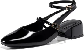 Coutgo Womens Mary Jane Chunky Low Heels Closed Square Toe Ankle Strap Pumps Wedding Party Dress Shoes