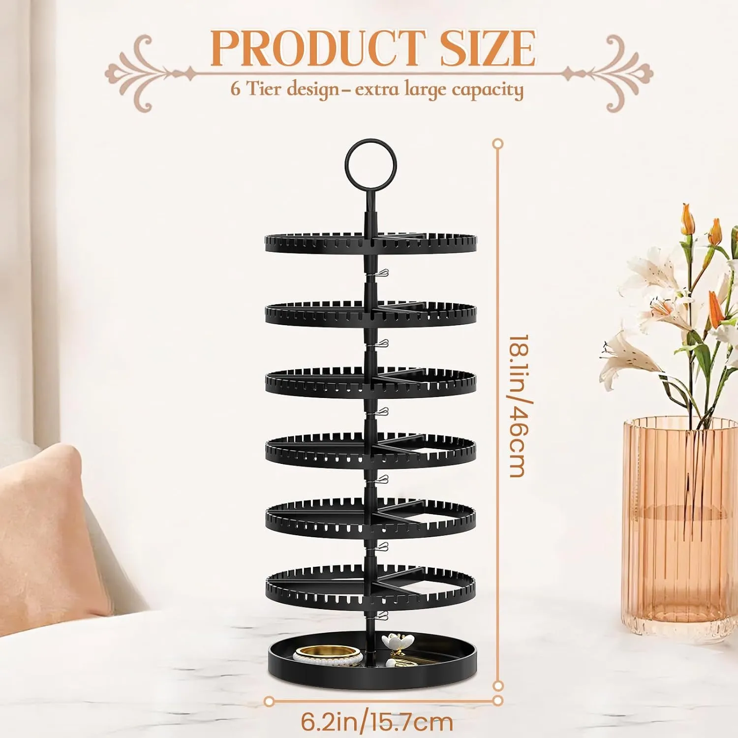 iDavosic.ly 6 Tier Rotating Earring Holder Organizer with Metal Tray, Adjustable Plastic Dangle Display Stands Tree with 342 Grooves, Large Hoop Storage Rack Tower, Black