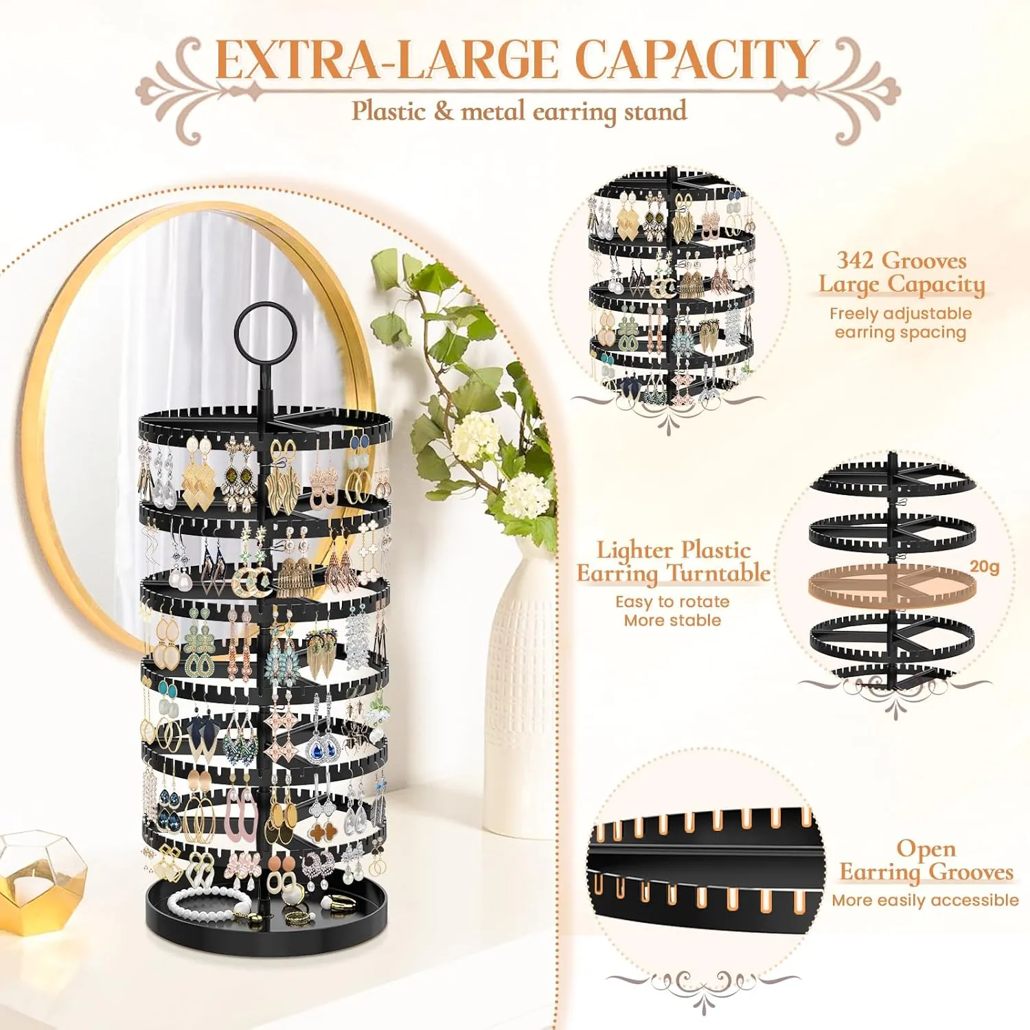 iDavosic.ly 6 Tier Rotating Earring Holder Organizer with Metal Tray, Adjustable Plastic Dangle Display Stands Tree with 342 Grooves, Large Hoop Storage Rack Tower, Black