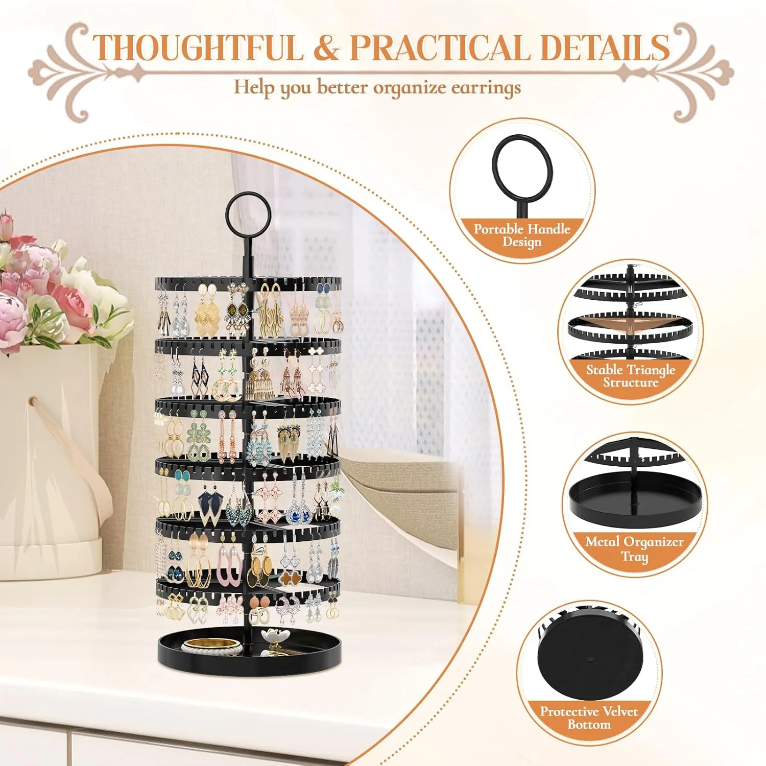 iDavosic.ly 6 Tier Rotating Earring Holder Organizer with Metal Tray, Adjustable Plastic Dangle Display Stands Tree with 342 Grooves, Large Hoop Storage Rack Tower, Black