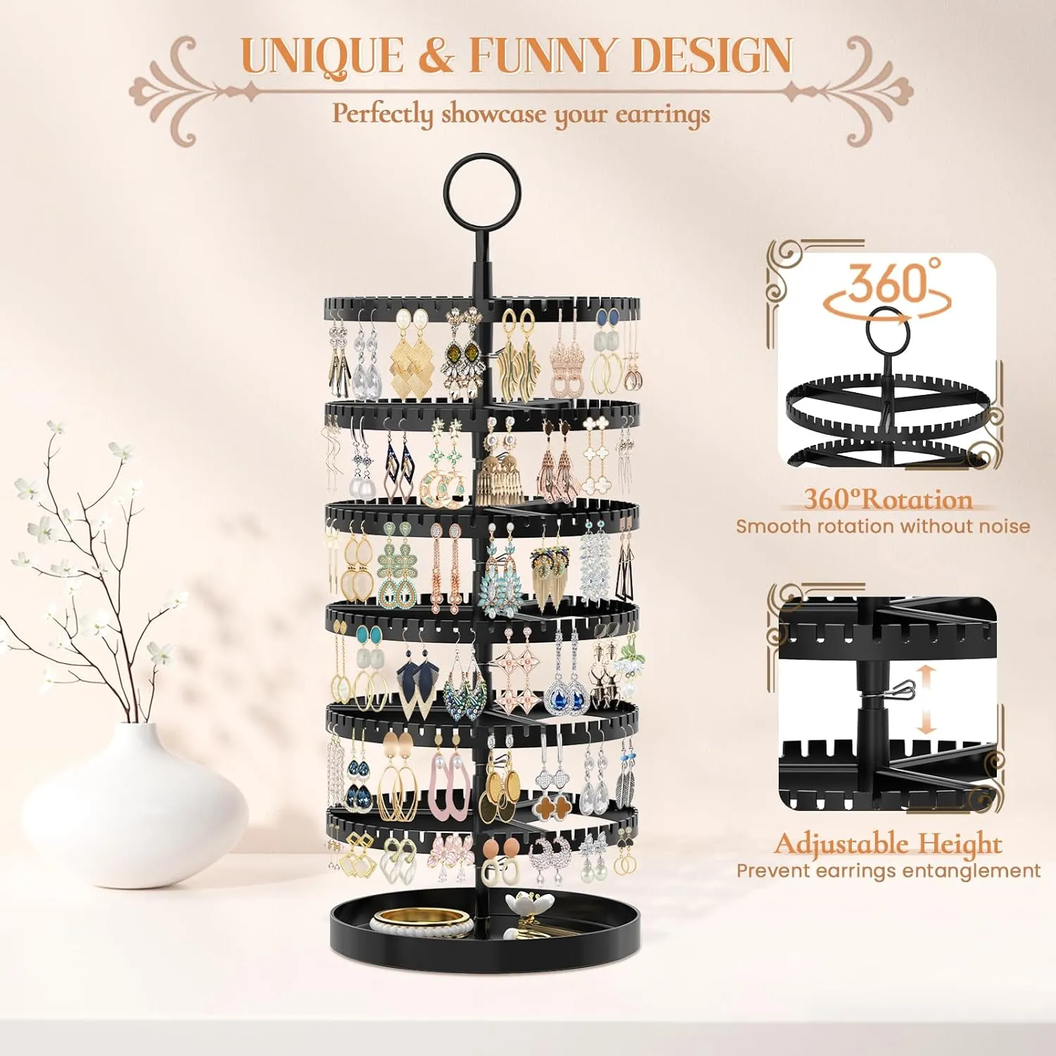 iDavosic.ly 6 Tier Rotating Earring Holder Organizer with Metal Tray, Adjustable Plastic Dangle Display Stands Tree with 342 Grooves, Large Hoop Storage Rack Tower, Black