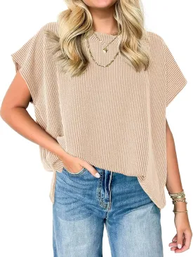 Tankaneo Womens Oversized Short Cap Sleeve Tunic Tops Summer Casual Textured Ribbed Knit T-Shirts Loose Fit Tees