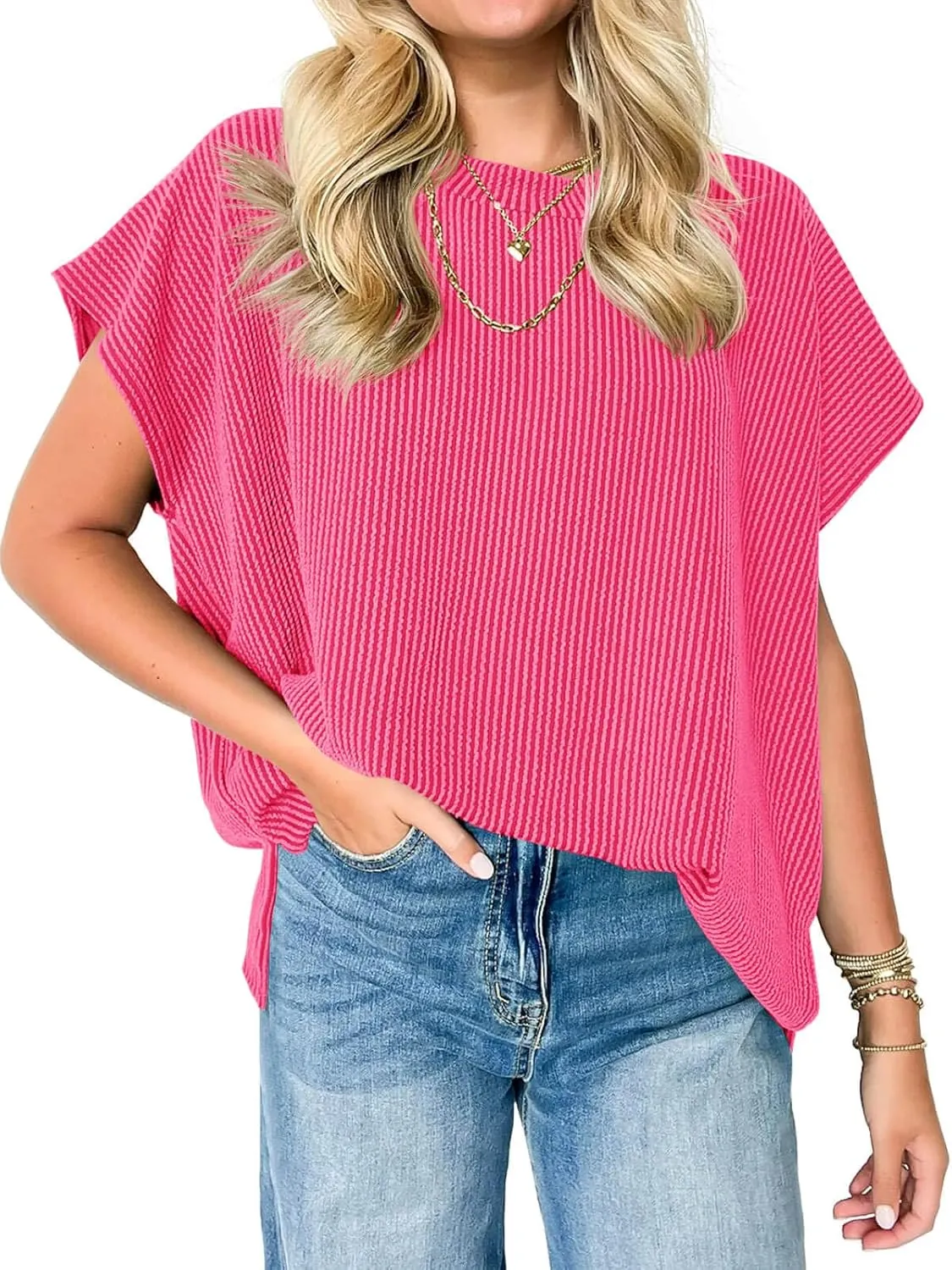 Tankaneo Womens Oversized Short Cap Sleeve Tunic Tops Summer Casual Textured Ribbed Knit T-Shirts Loose Fit Tees