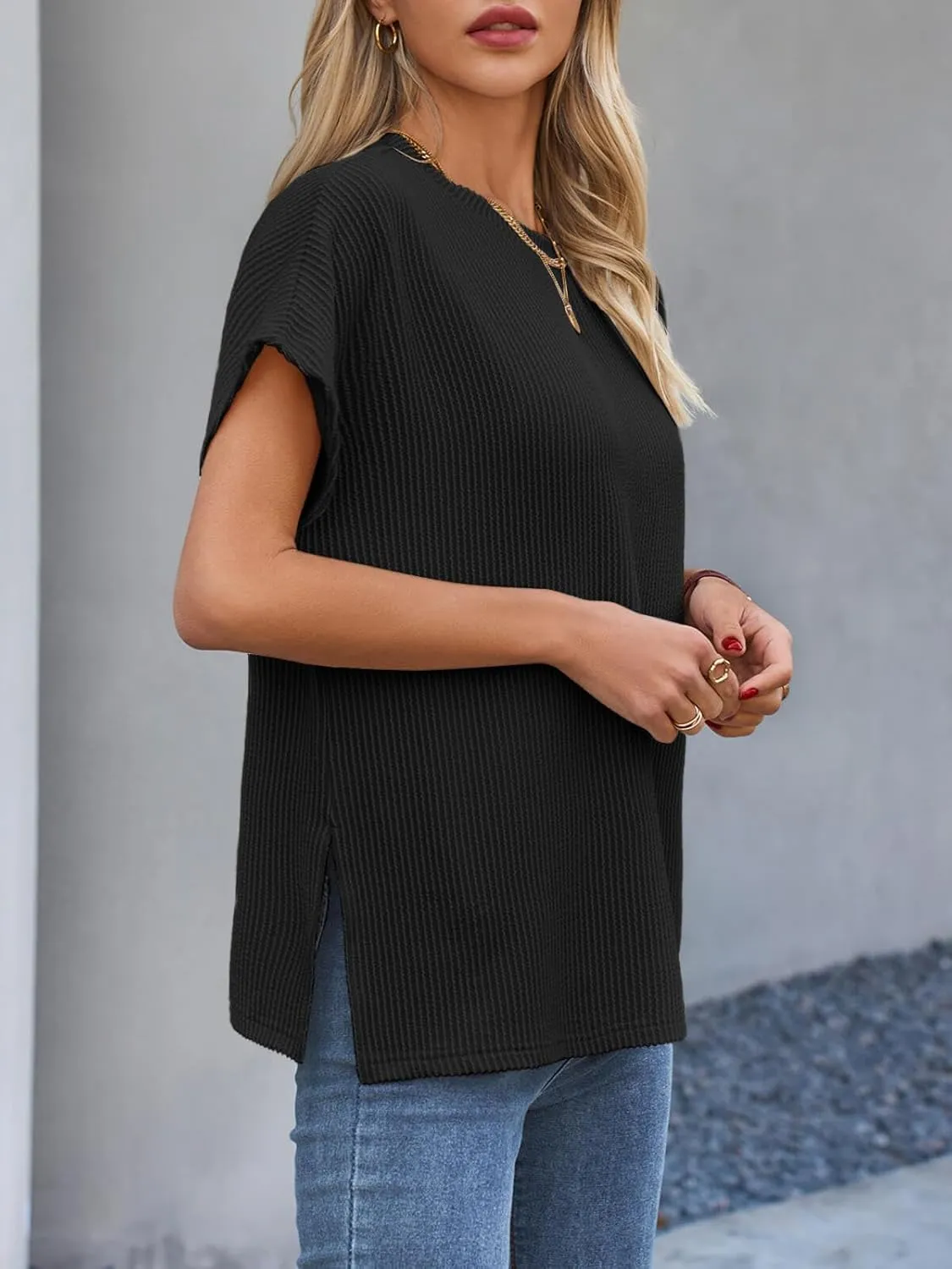 Tankaneo Womens Oversized Short Cap Sleeve Tunic Tops Summer Casual Textured Ribbed Knit T-Shirts Loose Fit Tees