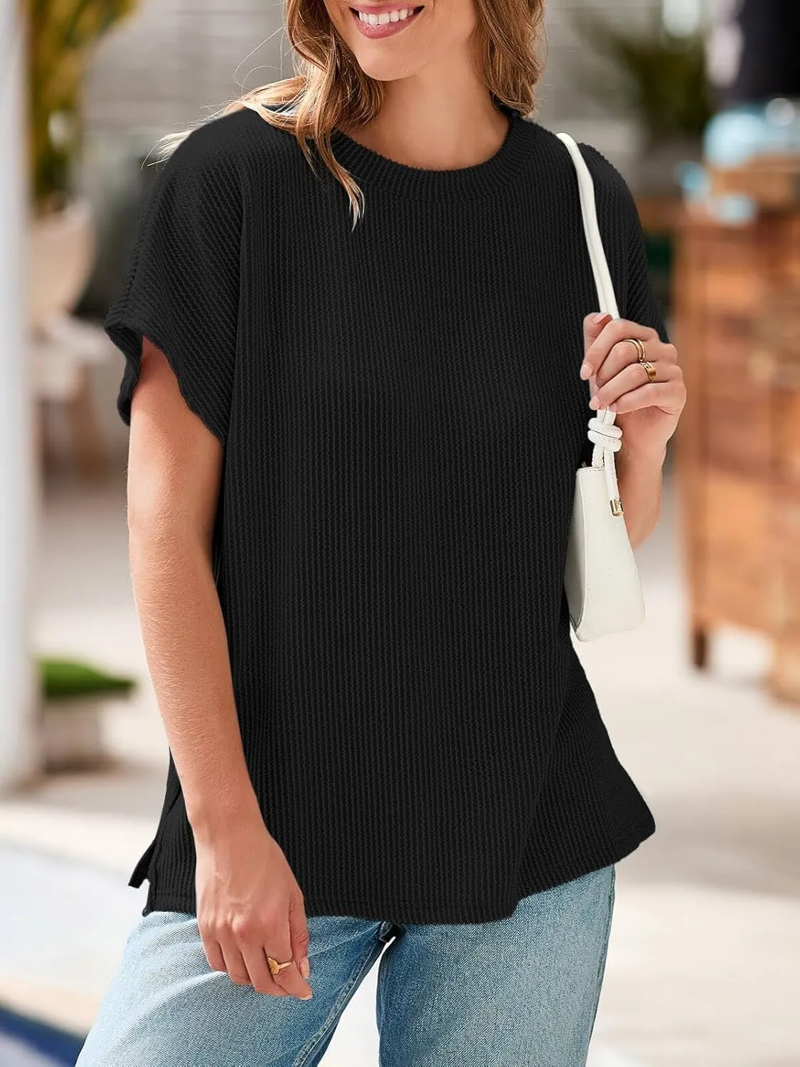 Tankaneo Womens Oversized Short Cap Sleeve Tunic Tops Summer Casual Textured Ribbed Knit T-Shirts Loose Fit Tees