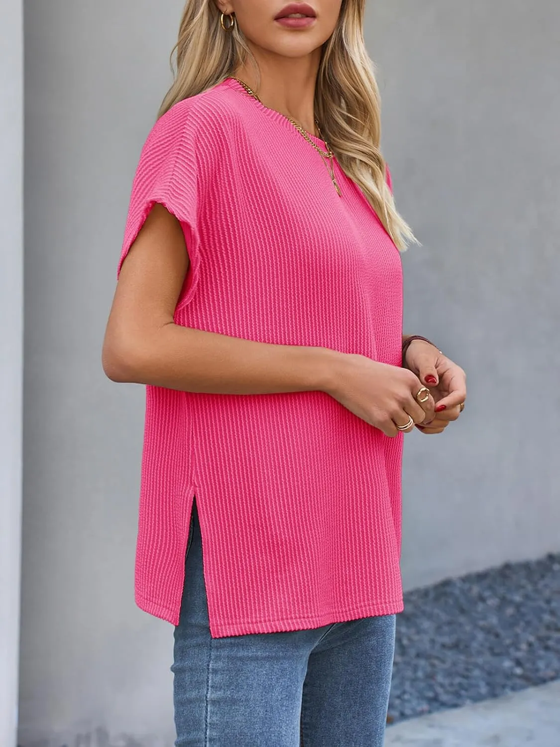 Tankaneo Womens Oversized Short Cap Sleeve Tunic Tops Summer Casual Textured Ribbed Knit T-Shirts Loose Fit Tees
