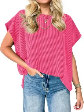 Tankaneo Womens Oversized Short Cap Sleeve Tunic Tops Summer Casual Textured Ribbed Knit T-Shirts Loose Fit Tees