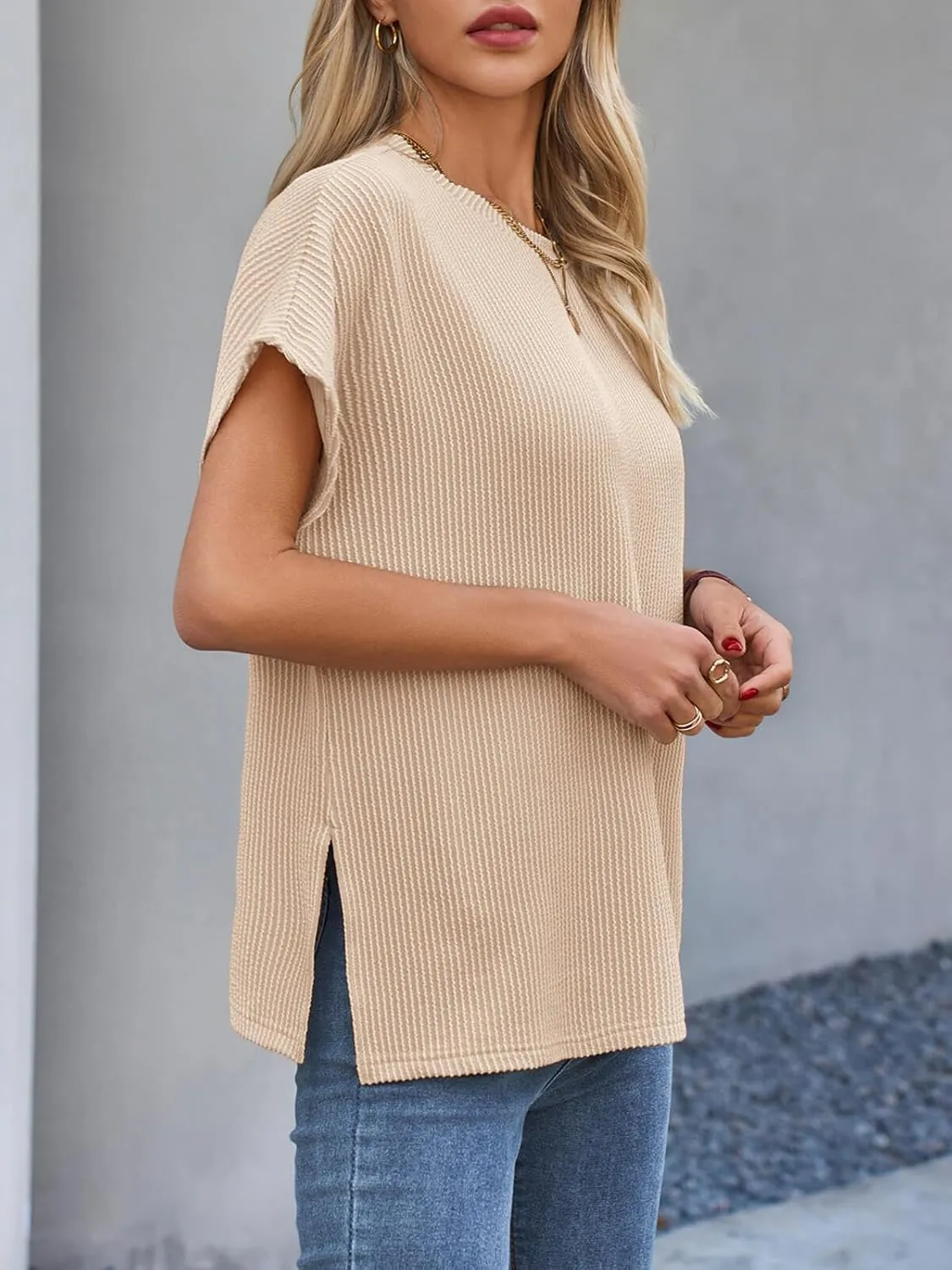 Tankaneo Womens Oversized Short Cap Sleeve Tunic Tops Summer Casual Textured Ribbed Knit T-Shirts Loose Fit Tees